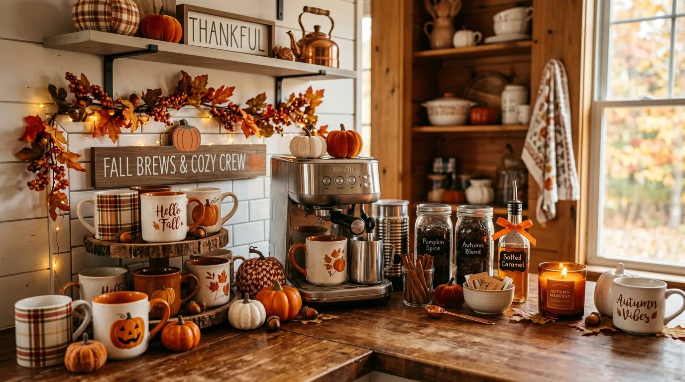 Fall-decorated kitchen coffee station